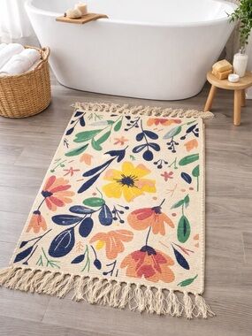 Boho Floral Woven Bath Mat | Cotton Rug |Tassels | Bathroom Rug | Neutral Decor
